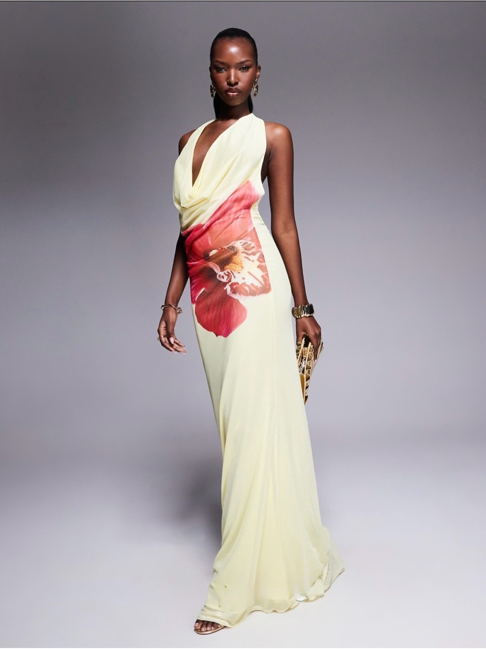 ASOS Pale Yellow Halter Maxi Dress with Coral Pink Floral Print